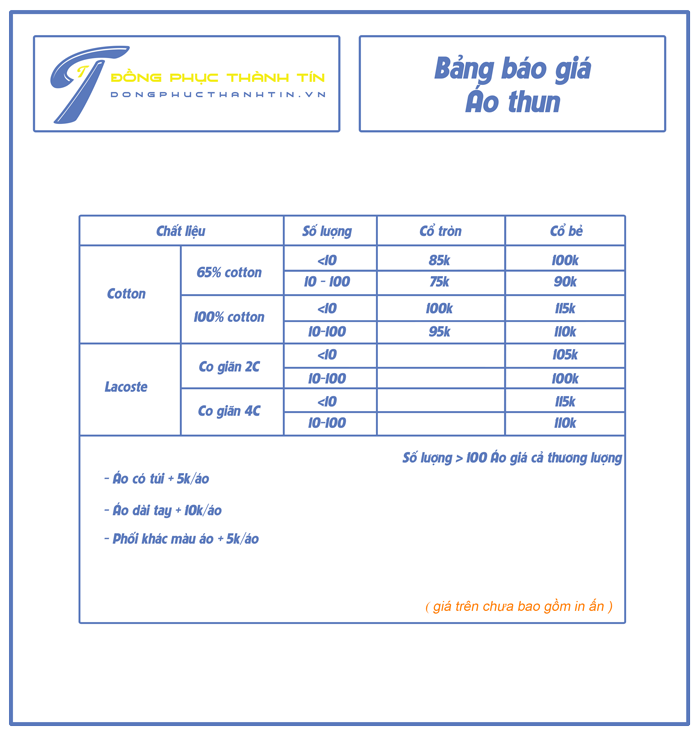 Bảng báo giá áo thun đồng phục