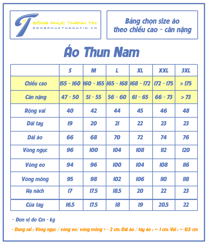 thông số size áo thun đồng phục công sở nam