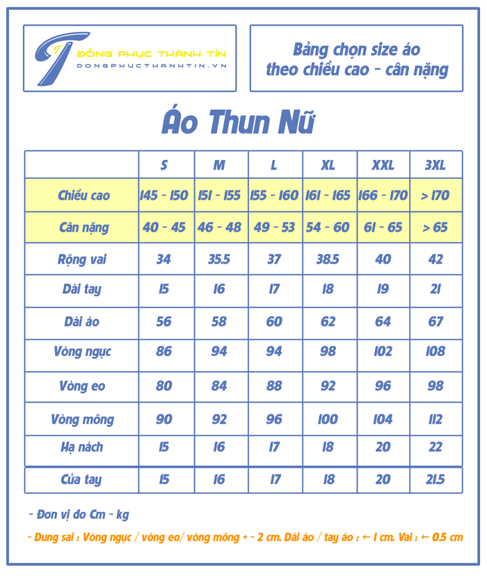 Bảng chọn size áo thun nữ - theo chiều cao cân nặng