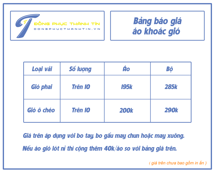Bảng báo giá áo khoác gió đồng phục