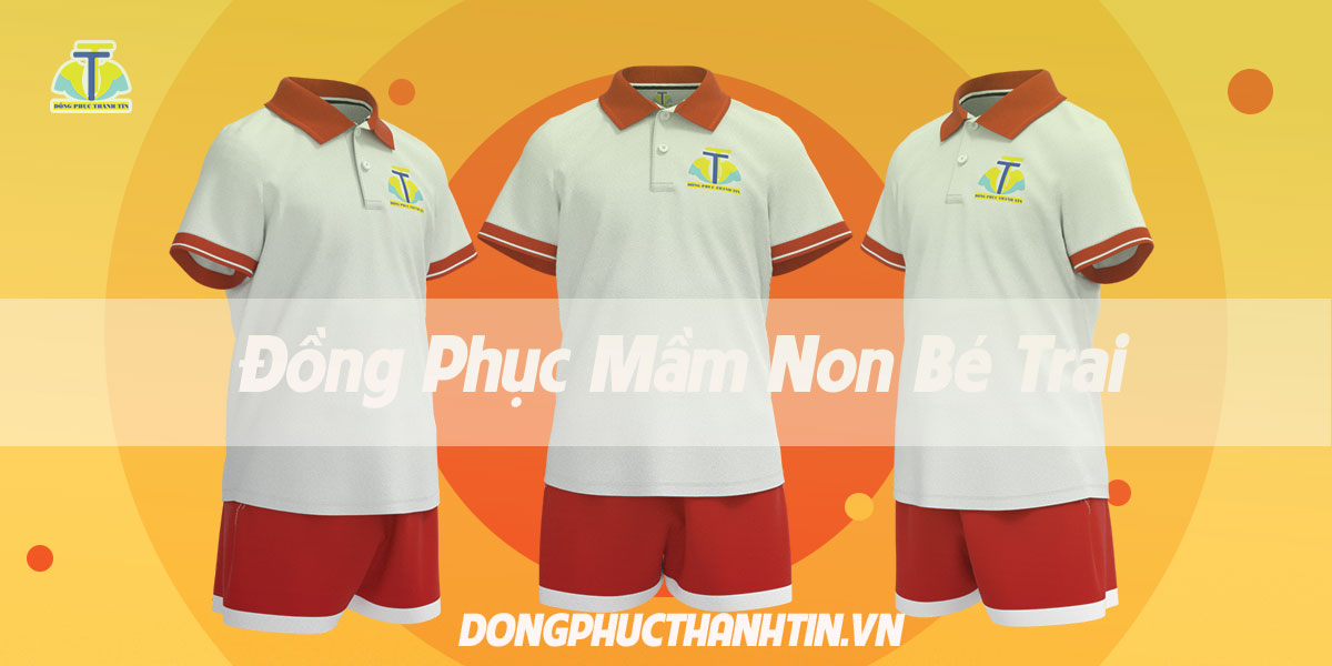 Đồng phục mầm non trẻ em - bộ bé trai màu trắng - đỏ
